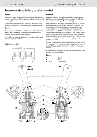 Bosch Rexroth AG
� �
� � � �
4TH6
4TH6N
12
5
8
7
9
10
11
6
10
4TH5
Type 4TH5, 4TH6, 4TH6N | RE 64 555/04.06
Ports
P Supply
T Tank
1, 2, 3, 4 Control ports
Design
The 4TH6, 4TH6N and 4TH5 pilot control units basically com-
prise of a control lever (5), four pressure adjustment valves and
a housing (10).
Each pressure adjustment valve comprises of a control spool
(6), a control spring (7), a return spring (8) and a plunger (9).
General
The design of the 4TH6N and 4TH5 versions differs from that
of the 4TH6. Thereby the force‘s deviations, which are felt
when the lever is deflected, are reduced.
As the 4TH5 is smaller and lighter, it is normally used for appli-
cations in compact machines.
Hydraulic symbol
Function
When not actuated the control lever is held in zero position
by the four return springs (8). The control ports (1, 2, 3, 4) are
connected to the tank port T via the drilling (11).
With deflection of the control lever (5) the plunger (9) pushes
against the return spring (8) and the control spring (7). The
control spring (7) firstly moves the control spool (6) down-
wards and closes the connection between the appropriate
port and tank port T. At the same time the appropriate port is
connected to the port P via the drilling (11). The control phase
begins as soon as the control spool (6) has found its balance
between the force of the control spring (7) and the force which
results from the hydraulic pressure in the appropriate port
(ports 1, 2, 3 or 4).
Through the interaction of control spool (6) and control spring
(7) the pressure in the appropriate ports is proportional to the
stroke of the plunger (9) and thus the position of the control
lever (5).
A rubber boot (12) protects the mechanical components of the
housing from contamination.
Functional description, section, symbol
2/12
 