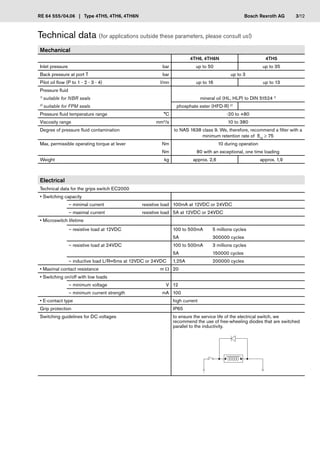 Bosch Rexroth AG
RE 64 555/04.06 | Type 4TH5, 4TH6, 4TH6N
Electrical
Technical data for the grips switch EC2000
• Switching capacity
– minimal current resistive load 100mA at 12VDC or 24VDC
– maximal current resistive load 5A at 12VDC or 24VDC
• Microswitch lifetime
– resistive load at 12VDC 100 to 500mA 5 millions cycles
5A 300000 cycles
– resistive load at 24VDC 100 to 500mA 3 millions cycles
5A 150000 cycles
– inductive load L/R=5ms at 12VDC or 24VDC 1,25A 200000 cycles
• Maximal contact resistance m Ω 20
• Switching on/off with low loads
– minimum voltage V 12
– minimum current strength mA 100
• E-contact type high current
Grip protection IP65
Switching guidelines for DC voltages to ensure the service life of the electrical switch, we
recommend the use of free-wheeling diodes that are switched
parallel to the inductivity.
Technical data (for applications outside these parameters, please consult us!)
Mechanical
4TH6, 4TH6N 4TH5
Inlet pressure bar up to 50 up to 35
Back pressure at port T bar up to 3
Pilot oil flow (P to 1 - 2 - 3 - 4) l/mn up to 16 up to 13
Pressure fluid
1)
suitable for NBR seals mineral oil (HL, HLP) to DIN 51524 1)
2)
suitable for FPM seals phosphate ester (HFD-R) 2)
Pressure fluid temperature range °C -20 to +80
Viscosity range mm2
/s 10 to 380
Degree of pressure fluid contamination to NAS 1638 class 9. We, therefore, recommend a filter with a
minimum retention rate of ß10
≥ 75
Max. permissible operating torque at lever Nm 10 during operation
Nm 80 with an exceptional, one time loading
Weight kg approx. 2,6 approx. 1,9
3/12
 