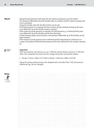 38 Practice I RE 09970/03.11
Bosch Rexroth AG
Using the pilot pressure relief valve (4), the maximum pressure p can be limited.
The pressure differential ∆p at the throttle valve is constant until the maximum pump pres-
sure is achieved.
Using the throttle valve (2), the flow 5 l/min can be set.
If the load pressure is increased, the flow remains almost constant as long as the pres-
sure differential ∆p at the throttle remains constant.
If the maximum pump pressure is reached, the pilot pressure pX is limited and the pres-
sure differential ∆p at the throttle and the flow decrease.
A load sensing system only functions if the pressure differential ∆p at the throttle can be
kept constant.
If the maximum pump pressure set is achieved and the load pressure continues to in-
crease, the pressure differential decreases and the flow delivered to the actuator decreas-
es.
Important:
With real machines, the pressure p is e.g.  250 bar and the delivery volume is  100 l/min.
Here, the constantly low power loss for energy saving has very positive effects.
20 bar • 5 l/min / 600 = 0.17 kW or 20 bar • 100 l/min / 600 = 3.3 kW
•	
Using the spring pretensioning at the displacement controller (item 7.0), the pressure
differential ∆pR can be changed.
Result
Notes
 