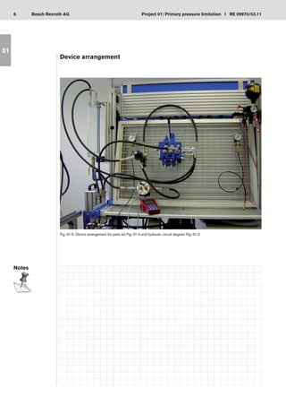 6 Project 01: Primary pressure limitation I RE 09970/03.11
Bosch Rexroth AG
01
Device arrangement
Fig. 01-5: Device arrangement for parts list Fig. 01-4 and hydraulic circuit diagram Fig. 01-2
Notes
 
