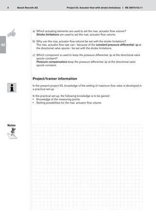8 Project 02: Actuator flow with stroke limitations I RE 09970/03.11
Bosch Rexroth AG
02
Notes
a)	 Which actuating elements are used to set the max. actuator flow volume?
Stroke limitations are used to set the max. actuator flow volume.
Why can the max. actuator flow volume be set with the stroke limitations?
b)	
The max. actuator flow rate can - because of the constant pressure differential Δp at
the directional valve spools - be set with the stroke limitations.
Which component is used to keep the pressure differential
c)	 Δp at the directional valve
spools constant?
Pressure compensators keep the pressure differential Δp at the directional valve
spools constant.
Project/trainer information
In the present project 02, knowledge of the setting of maximum flow rates is developed in
a practical set-up.
In the practical set-up, the following knowledge is to be gained:
Knowledge of the measuring points
•	
Setting possibilities for the max. actuator flow volume
•	
 
