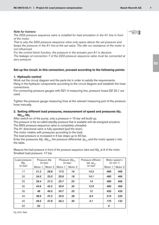 7
RE 09970/03.11 I Project 03: Load pressure compensation Bosch Rexroth AG
03
Fig. 03-5: Table
Load pressure
MpL
(in bar)
Pressure Mp
(in bar)
Pressure MpLS
(in bar)
Pressure differen-
tial DpLS
(in bar)
Motor speed n
(in min–1)
Motor 1 Motor 2 Motor 1 Motor 2 Motor 1 Motor 2
17 31.2 28.8 17.5 16 14.3 480 466
20 34.5 32.0 20.8 18 14.1 480 466
25 39.4 37.3 25.7 25 14 480 466
30 44.6 42.2 30.9 30 13.9 480 466
35 48 46.0 34.7 35 12 450 430
40 48.9 47.2 35.6 38 8.4 310 330
45 49.5 47.8 36.3 40 4.1 170 143
50 50 0
Note for trainers:
The DD3 pressure sequence valve is installed for load simulation in the A1 line in front
of the motor.
That is why the DD3 pressure sequence valve only opens above the set pressure and
keeps the pressure in the A1 line at the set value. The idle run resistance of the motor is
not influenced.
For the control block function, the pressure in the actuator port A1 is decisive.
The leakage oil connection T of the DD3 pressure sequence valve must be connected at
zero pressure.
Set up the circuit. In this connection, proceed according to the following points:
1.	 Hydraulic control
Work out the circuit diagram and the parts list in order to satisfy the requirements.
Hang in the hydraulic components according to the circuit diagram and establish the hose
connections.
For connecting pressure gauges with DZ1.4 measuring line, pressure hoses DZ 25.1 are
used.
Tighten the pressure gauge measuring lines at the relevant measuring port of the pressure
hose manually.
2.	 Setting different load pressures, measurement of speed and pressures Mp,
	 MpLS, MpL
After switch-on of the pump, only a pressure = 15 bar will build up.
This pressure is the so-called standby pressure that is available with de-energized actuators.
The DD3 pressure sequence valve is completely unloaded.
The A1 directional valve is fully operated (pull the lever).
The motor rotates with pressures according to the load.
The load pressure is increased in 5 bar steps up to 50 bar.
Enter the pressures Mp, MpLS, the pressure differential ΔpLS and the motor speed n into
the table.
Measure the load pressure in front of the pressure sequence valve and MpL at A of the motor.
Smallest load pressure: 17 bar
 