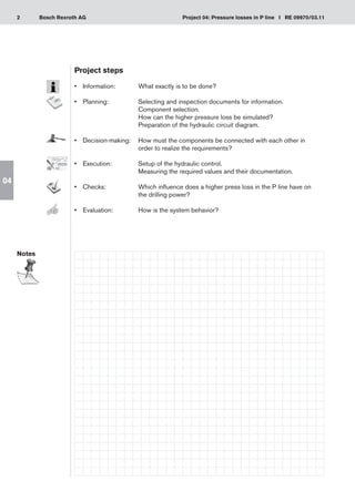 2 Project 04: Pressure losses in P line I RE 09970/03.11
Bosch Rexroth AG
04
Project steps
•	 Information:	 What exactly is to be done?
•	 Planning:	 Selecting and inspection documents for information.
		 Component selection.
		 How can the higher pressure loss be simulated?
		 Preparation of the hydraulic circuit diagram.
•	 Decision-making:	 How must the components be connected with each other in
		 order to realize the requirements?
•	 Execution:	 Setup of the hydraulic control.
		 Measuring the required values and their documentation.
•	 Checks:	 Which influence does a higher press loss in the P line have on
		 the drilling power?
•	 Evaluation:	 How is the system behavior?
Notes
 