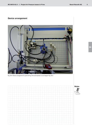 5
RE 09970/03.11 I Project 04: Pressure losses in P line Bosch Rexroth AG
04
Device arrangement
Fig. 04-4: Device arrangement for parts list Fig. 04-3 and hydraulic circuit diagram Fig. 04-2
Notes
 