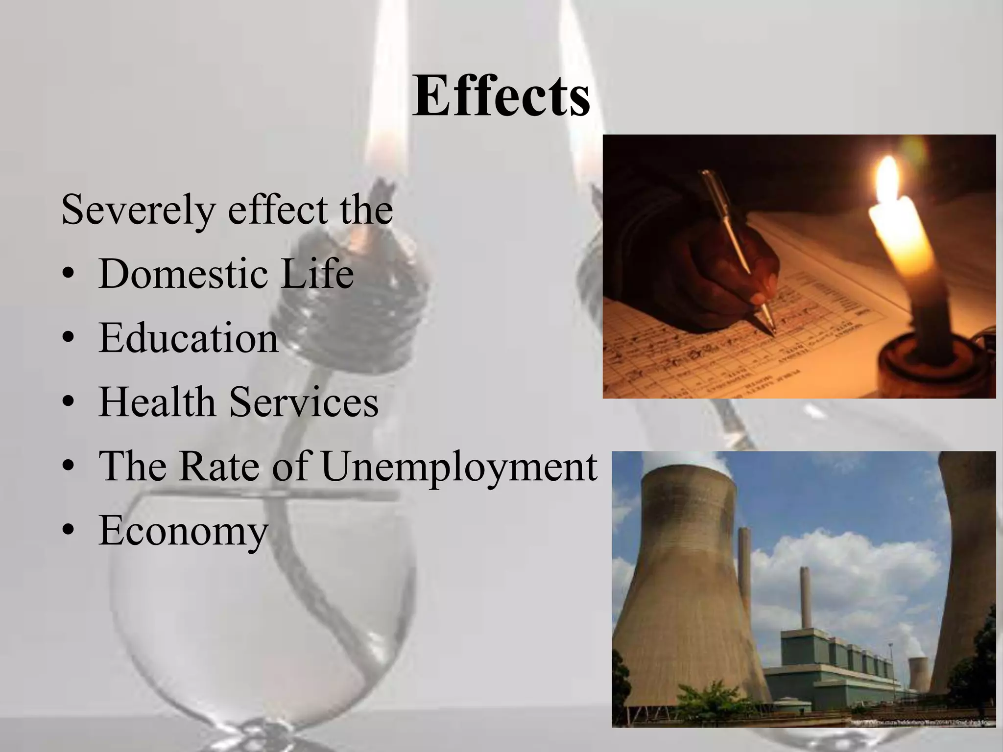 Effects
Severely effect the
• Domestic Life
• Education
• Health Services
• The Rate of Unemployment
• Economy