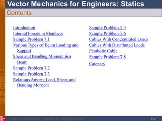© 2007 The McGraw-Hill Companies, Inc. All rights reserved.
Vector Mechanics for Engineers: StaticsEighth
Edition
7- 2
Contents
Introduction
Internal Forces in Members
Sample Problem 7.1
Various Types of Beam Loading and
Support
Shear and Bending Moment in a
Beam
Sample Problem 7.2
Sample Problem 7.3
Relations Among Load, Shear, and
Bending Moment
Sample Problem 7.4
Sample Problem 7.6
Cables With Concentrated Loads
Cables With Distributed Loads
Parabolic Cable
Sample Problem 7.8
Catenary
 