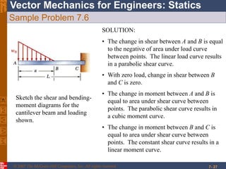 © 2007 The McGraw-Hill Companies, Inc. All rights reserved.
Vector Mechanics for Engineers: StaticsEighth
Edition
7- 27
Sample Problem 7.6
Sketch the shear and bending-
moment diagrams for the
cantilever beam and loading
shown.
SOLUTION:
• The change in shear between A and B is equal
to the negative of area under load curve
between points. The linear load curve results
in a parabolic shear curve.
• With zero load, change in shear between B
and C is zero.
• The change in moment between A and B is
equal to area under shear curve between
points. The parabolic shear curve results in
a cubic moment curve.
• The change in moment between B and C is
equal to area under shear curve between
points. The constant shear curve results in a
linear moment curve.
 