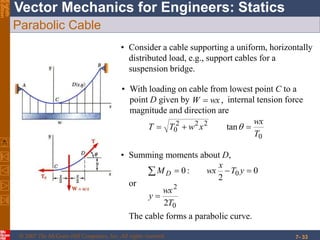 © 2007 The McGraw-Hill Companies, Inc. All rights reserved.
Vector Mechanics for Engineers: StaticsEighth
Edition
7- 33
Parabolic Cable
• Consider a cable supporting a uniform, horizontally
distributed load, e.g., support cables for a
suspension bridge.
• With loading on cable from lowest point C to a
point D given by internal tension force
magnitude and direction are
,wxW 
0
222
0 tan
T
wx
xwTT  
• Summing moments about D,
0
2
:0 0  yT
x
wxM D
0
2
2T
wx
y 
or
The cable forms a parabolic curve.
 