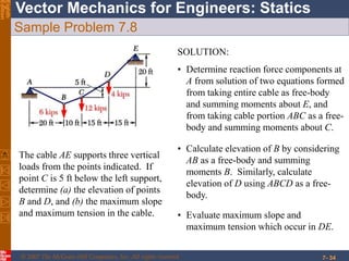 © 2007 The McGraw-Hill Companies, Inc. All rights reserved.
Vector Mechanics for Engineers: StaticsEighth
Edition
7- 34
Sample Problem 7.8
The cable AE supports three vertical
loads from the points indicated. If
point C is 5 ft below the left support,
determine (a) the elevation of points
B and D, and (b) the maximum slope
and maximum tension in the cable.
SOLUTION:
• Determine reaction force components at
A from solution of two equations formed
from taking entire cable as free-body
and summing moments about E, and
from taking cable portion ABC as a free-
body and summing moments about C.
• Calculate elevation of B by considering
AB as a free-body and summing
moments B. Similarly, calculate
elevation of D using ABCD as a free-
body.
• Evaluate maximum slope and
maximum tension which occur in DE.
 