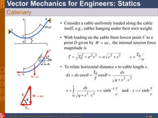 © 2007 The McGraw-Hill Companies, Inc. All rights reserved.
Vector Mechanics for Engineers: StaticsEighth
Edition
7- 38
Catenary
• Consider a cable uniformly loaded along the cable
itself, e.g., cables hanging under their own weight.
• With loading on the cable from lowest point C to a
point D given by the internal tension force
magnitude is
w
T
cscwswTT 022222
0 
,wsW 
• To relate horizontal distance x to cable length s,
c
x
cs
c
s
c
csq
ds
x
csq
ds
T
T
dsdx
s
sinhandsinh
coscos
1
0
22
22
0








 