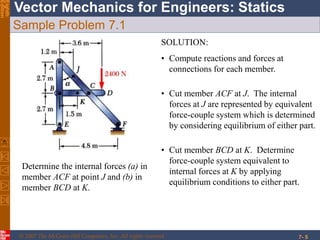 © 2007 The McGraw-Hill Companies, Inc. All rights reserved.
Vector Mechanics for Engineers: StaticsEighth
Edition
7- 5
Sample Problem 7.1
Determine the internal forces (a) in
member ACF at point J and (b) in
member BCD at K.
SOLUTION:
• Compute reactions and forces at
connections for each member.
• Cut member ACF at J. The internal
forces at J are represented by equivalent
force-couple system which is determined
by considering equilibrium of either part.
• Cut member BCD at K. Determine
force-couple system equivalent to
internal forces at K by applying
equilibrium conditions to either part.
 