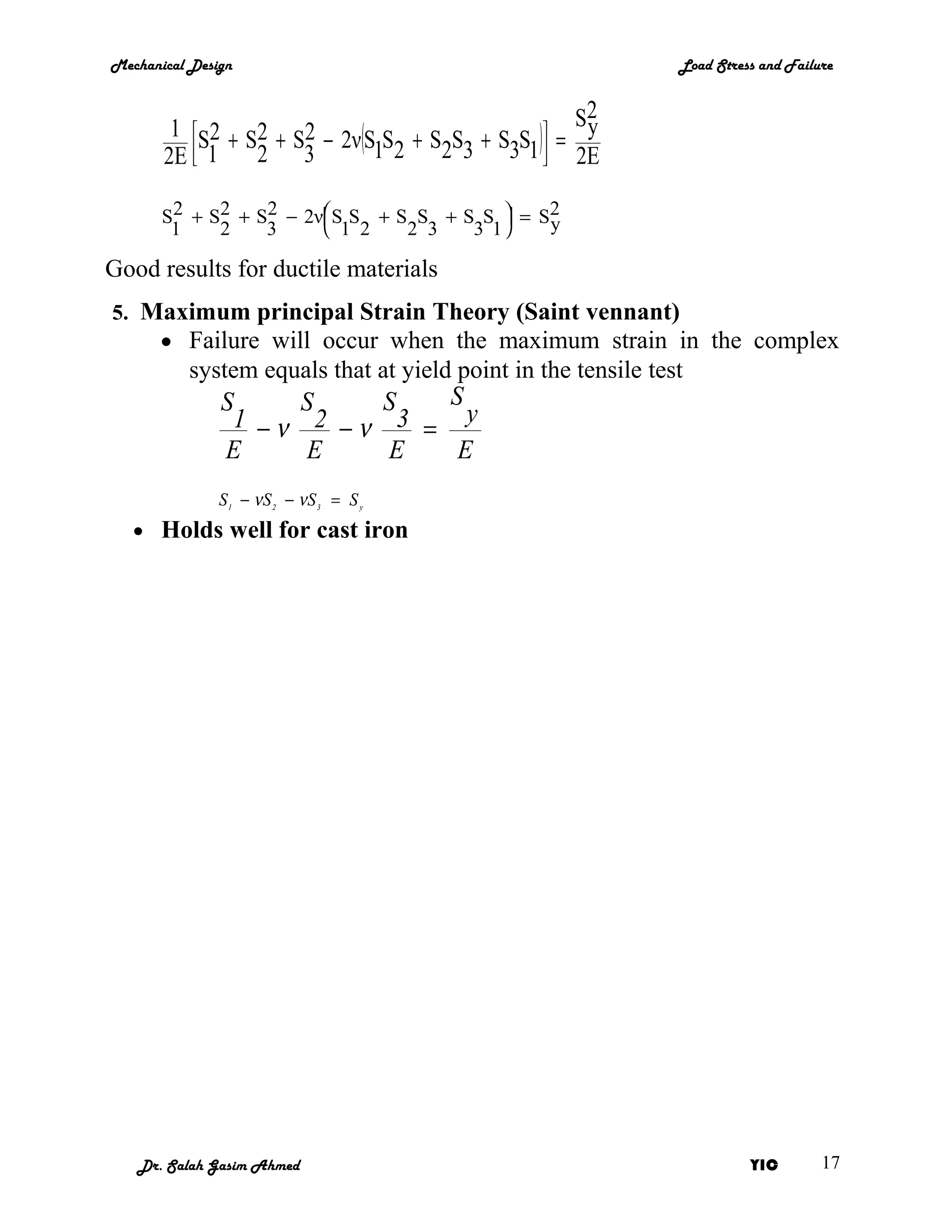 Mechanical Design                                             Load Stress and Failure


                                                   2
        1 S2 + S2 + S2 − 2ν(S S + S S + S S ) = S y
       2E  1   2 3          1 2 2 3 3 1  2E

       S2 + S2 + S2 − 2ν S S + S S + S S  = S2
                                             y
        1    2    3      1 2    2 3   3 1

Good results for ductile materials
5. Maximum principal Strain Theory (Saint vennant)
    • Failure will occur when the maximum strain in the complex
          system equals that at yield point in the tensile test
               S    S    S   S
                1 −ν 2 −ν 3 = y
               E     E    E   E
               S1 − νS 2 − νS 3 = S y
   • Holds well for cast iron




   Dr. Salah Gasim Ahmed                                                YIC        17
 