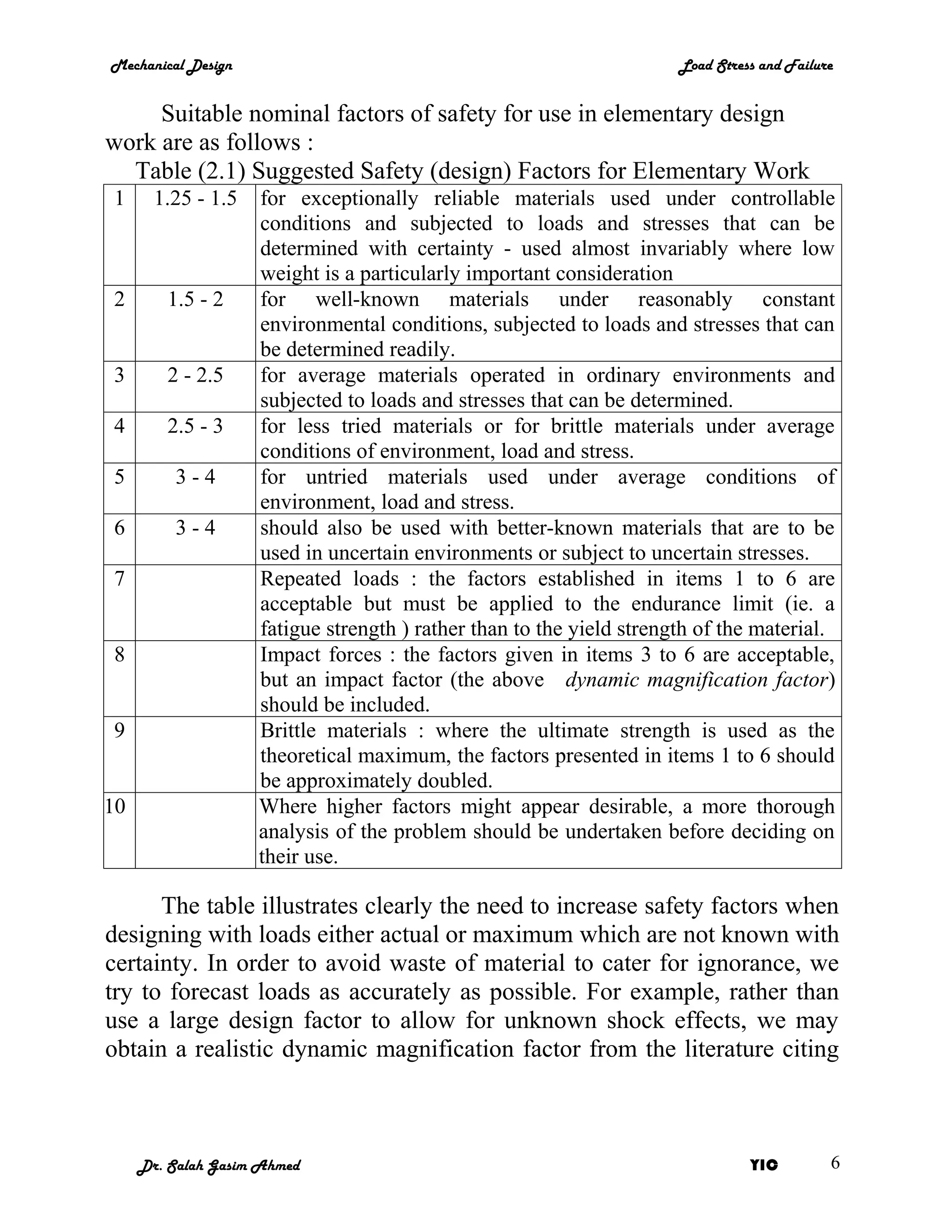 Mechanical Design                                                     Load Stress and Failure


     Suitable nominal factors of safety for use in elementary design
work are as follows :
  Table (2.1) Suggested Safety (design) Factors for Elementary Work
1      1.25 - 1.5   for exceptionally reliable materials used under controllable
                    conditions and subjected to loads and stresses that can be
                    determined with certainty - used almost invariably where low
                    weight is a particularly important consideration
2       1.5 - 2     for well-known materials under reasonably constant
                    environmental conditions, subjected to loads and stresses that can
                    be determined readily.
3       2 - 2.5     for average materials operated in ordinary environments and
                    subjected to loads and stresses that can be determined.
4       2.5 - 3     for less tried materials or for brittle materials under average
                    conditions of environment, load and stress.
5        3-4        for untried materials used under average conditions of
                    environment, load and stress.
6        3-4        should also be used with better-known materials that are to be
                    used in uncertain environments or subject to uncertain stresses.
7                   Repeated loads : the factors established in items 1 to 6 are
                    acceptable but must be applied to the endurance limit (ie. a
                    fatigue strength ) rather than to the yield strength of the material.
8                   Impact forces : the factors given in items 3 to 6 are acceptable,
                    but an impact factor (the above dynamic magnification factor)
                    should be included.
9                   Brittle materials : where the ultimate strength is used as the
                    theoretical maximum, the factors presented in items 1 to 6 should
                    be approximately doubled.
10                  Where higher factors might appear desirable, a more thorough
                    analysis of the problem should be undertaken before deciding on
                    their use.

      The table illustrates clearly the need to increase safety factors when
designing with loads either actual or maximum which are not known with
certainty. In order to avoid waste of material to cater for ignorance, we
try to forecast loads as accurately as possible. For example, rather than
use a large design factor to allow for unknown shock effects, we may
obtain a realistic dynamic magnification factor from the literature citing



     Dr. Salah Gasim Ahmed                                                      YIC         6
 