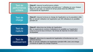 12
LES DIFFÉRENTS TYPES DE TEST• Objectif: mesurer la performance unitaire
• Ex: le use case de souscription est testé pour 1 utilisateur et, pour chaque
étape du use case, on mesure le temps passé dans les différents
composants de l’application
Test de
performance
unitaire
• Objectif: mesurer la tenue en charge de l’application sur la population cible
• Ex: on simule l’utilisation de l’application par 200 utilisateurs en parallèle
pendant 2h
Test de
charge
• Objectif: déterminer les limites de l’application
• Ex: on augmente le nombre d’utilisateurs en parallèle sur l’application
jusqu’à ce que le taux d’erreurs / les temps de réponse ne soient plus
acceptables
Test de
rupture
• Objectif: déterminer la capacité de l’application à fonctionner sur une
période étendue
• Ex: on simule l’utilisation de l’application pendant 48h, avec une charge
constante et égale à la charge moyenne
Test de
vieillissement
 