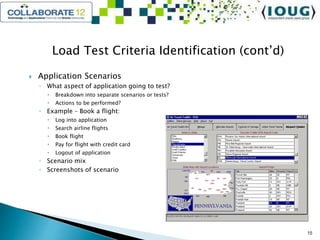 Load Test Criteria Identification (cont’d)
 Application Scenarios
◦ What aspect of application going to test?
 Breakdown into separate scenarios or tests?
 Actions to be performed?
◦ Example – Book a flight:
 Log into application
 Search airline flights
 Book flight
 Pay for flight with credit card
 Logout of application
◦ Scenario mix
◦ Screenshots of scenario
15
 
