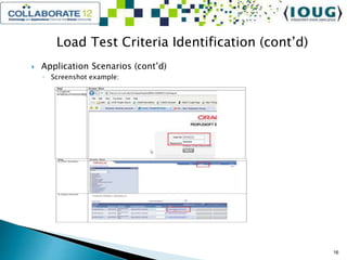 Load Test Criteria Identification (cont’d)
 Application Scenarios (cont’d)
◦ Screenshot example:
16
 