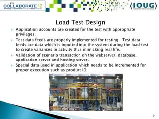 Load Test Design
 Application accounts are created for the test with appropriate
privileges.
 Test data feeds are properly implemented for testing. Test data
feeds are data which is inputted into the system during the load test
to create variances in activity thus mimicking real life.
 Validation of scenario transaction on the webserver, database,
application server and hosting server.
 Special data used in application which needs to be incremented for
proper execution such as product ID.
21
 
