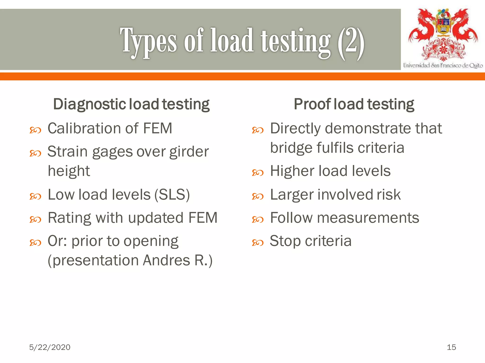 Diagnostic load testing
 Calibration of FEM
 Strain gages over girder
height
 Low load levels (SLS)
 Rating with updated FEM
 Or: prior to opening
(presentation Andres R.)
Proof load testing
 Directly demonstrate that
bridge fulfils criteria
 Higher load levels
 Larger involved risk
 Follow measurements
 Stop criteria
5/22/2020 15
 