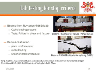  Beamsfrom Ruytenschildt Bridge
o Cyclic loading protocol
o Tests: Failure in shear and flexure
 Beamscast in lab
o plain reinforcement
o cyclic loading
o shear and flexural failure
Beams RSB01 after failure (Yang, 2015)
Yang, Y. (2015)."Experimental Studieson theStructural Behavioursof Beamsfrom RuytenschildtBridge,"
Stevin Report 25.5-15-09,Delft Universityof Technology, Delft, 76 pp.
Beams RSB02B after failure (Yang, 2015)
5/22/2020 26
 