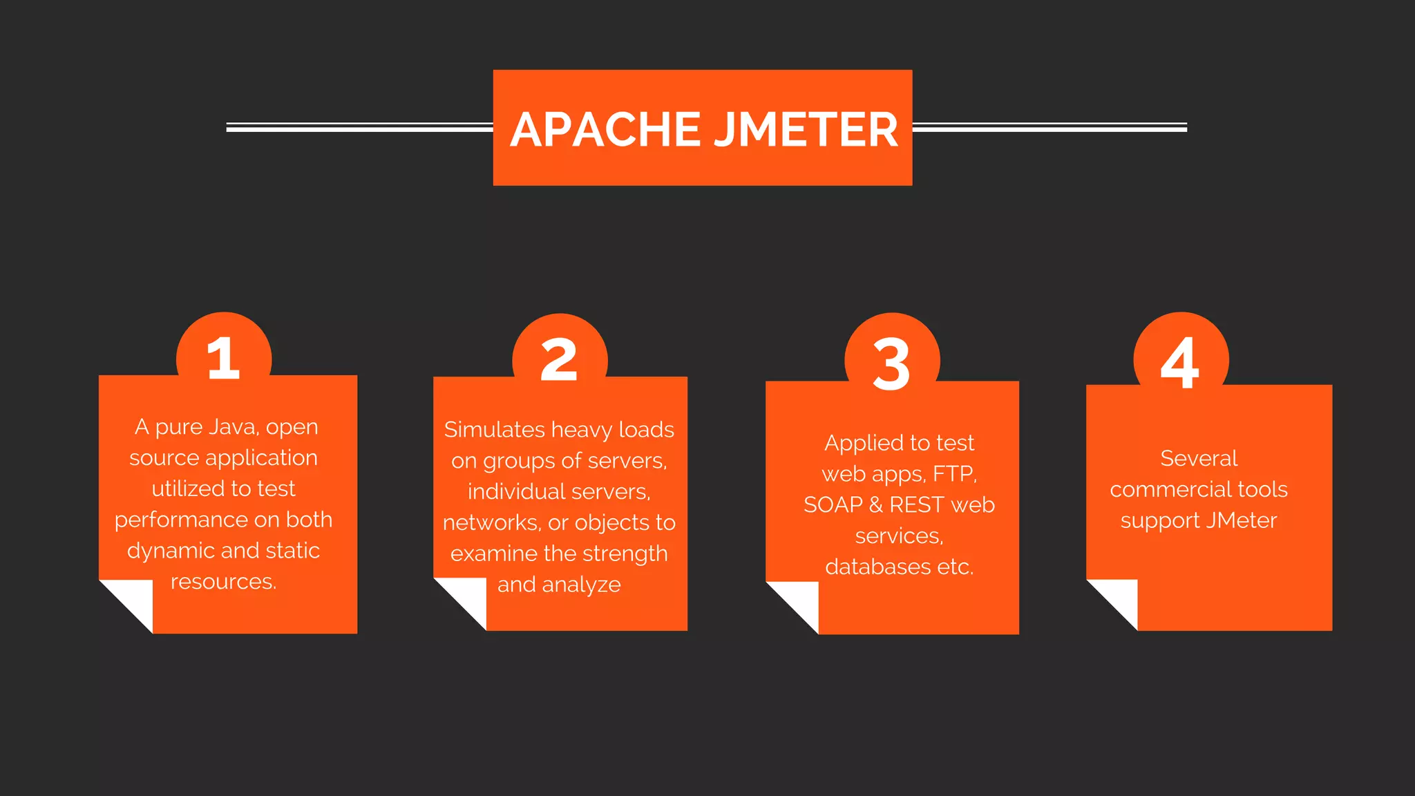  A pure Java, open
source application
utilized to test
performance on both
dynamic and static
resources.
APACHE JMETER
1 2 3 4
Simulates heavy loads
on groups of servers,
individual servers,
networks, or objects to
examine the strength
and analyze
Applied to test
web apps, FTP,
SOAP & REST web
services,
databases etc.
Several
commercial tools
support JMeter
 