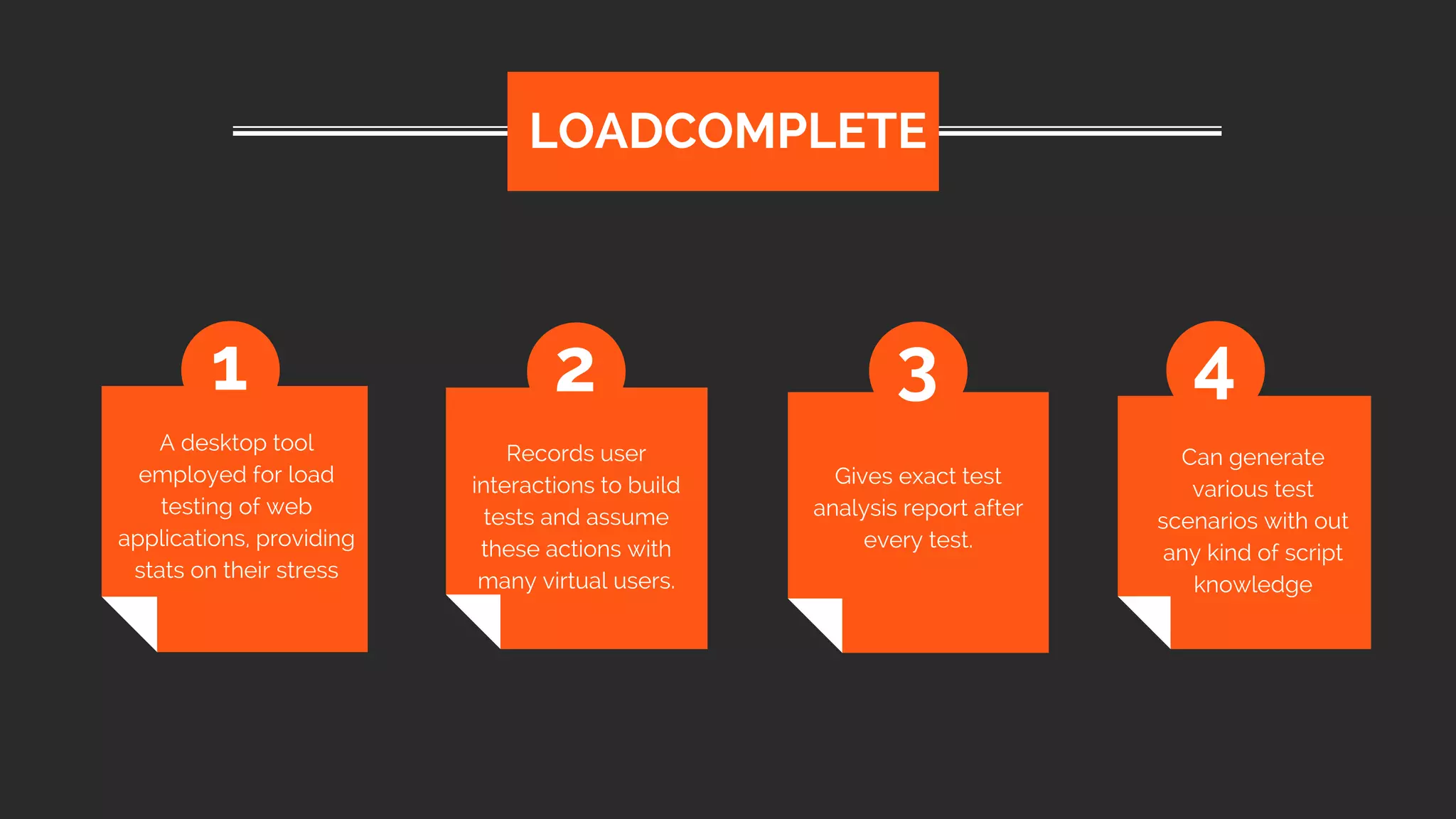 A desktop tool
employed for load
testing of web
applications, providing
stats on their stress
LOADCOMPLETE
1 2 3 4
Records user
interactions to build
tests and assume
these actions with
many virtual users.
Gives exact test
analysis report after
every test.
Can generate
various test
scenarios with out
any kind of script
knowledge
 