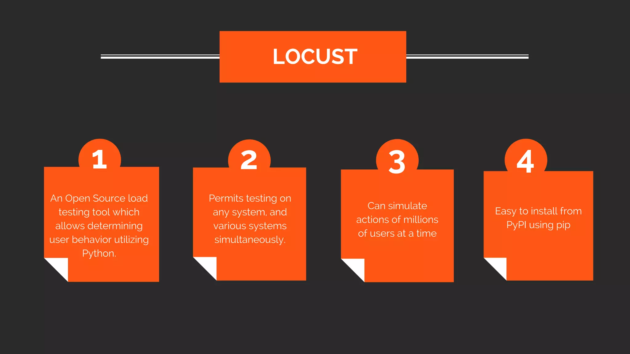 An Open Source load
testing tool which
allows determining
user behavior utilizing
Python.
LOCUST
1 2 3 4
Permits testing on
any system, and
various systems
simultaneously.
Can simulate
actions of millions
of users at a time
Easy to install from
PyPI using pip
 