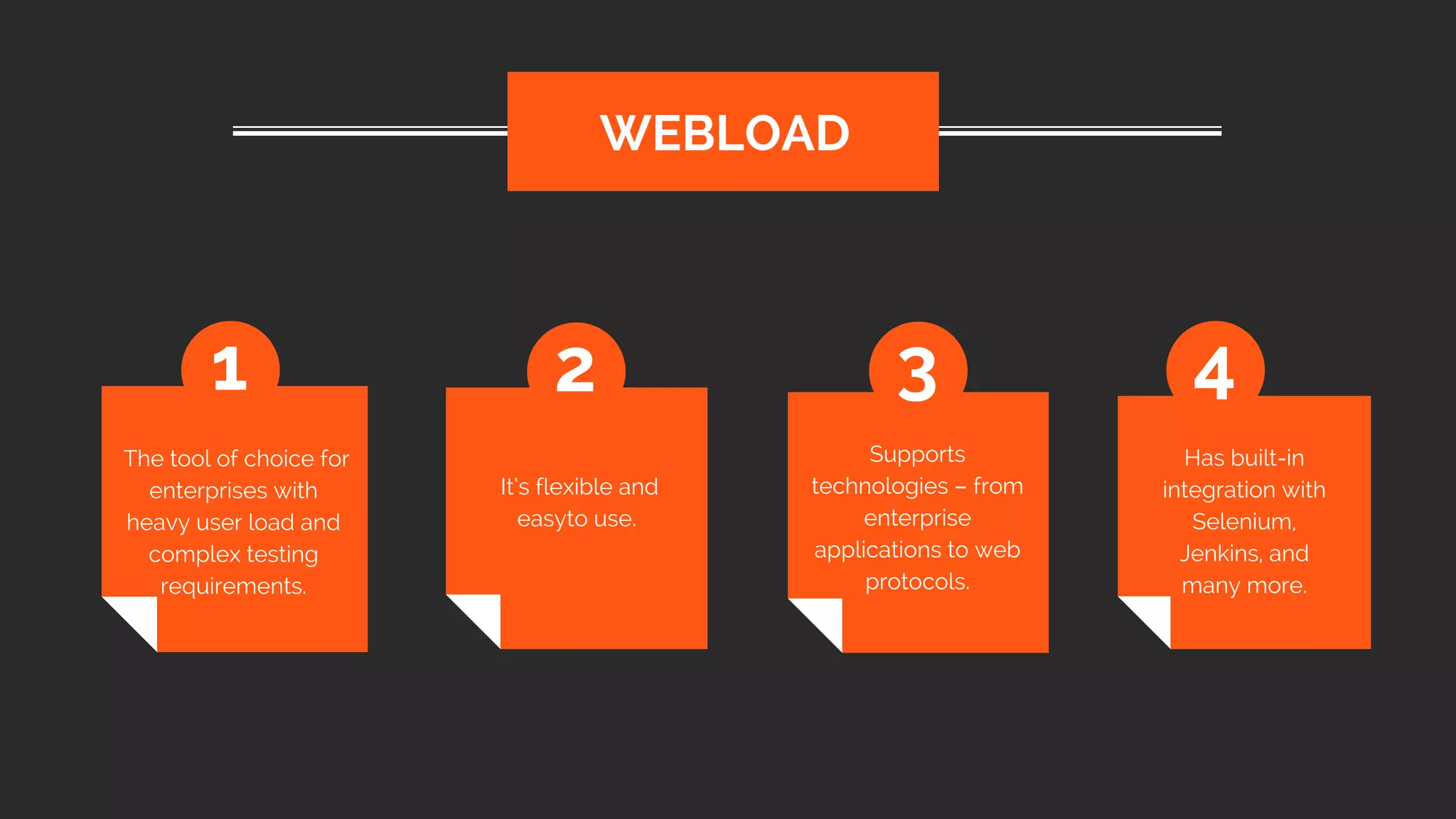  The tool of choice for
enterprises with
heavy user load and
complex testing
requirements.
WEBLOAD
1 2 3 4
 It’s flexible and
easyto use.
Supports
technologies – from
enterprise
applications to web
protocols.
Has built-in
integration with
Selenium,
Jenkins, and
many more.
 
