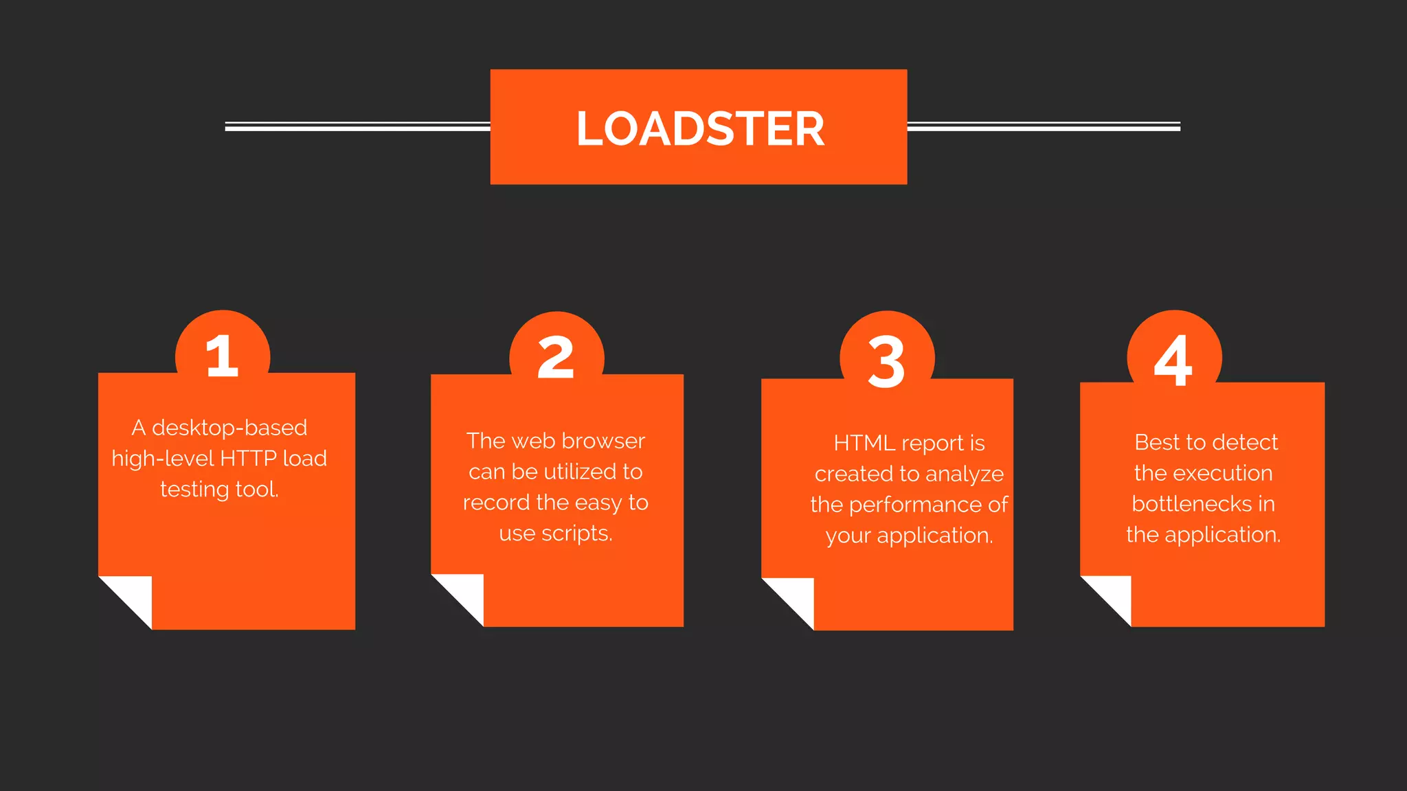 A desktop-based
high-level HTTP load
testing tool.
LOADSTER
1 2 3 4
The web browser
can be utilized to
record the easy to
use scripts.
HTML report is
created to analyze
the performance of
your application.
 Best to detect
the execution
bottlenecks in
the application.
 