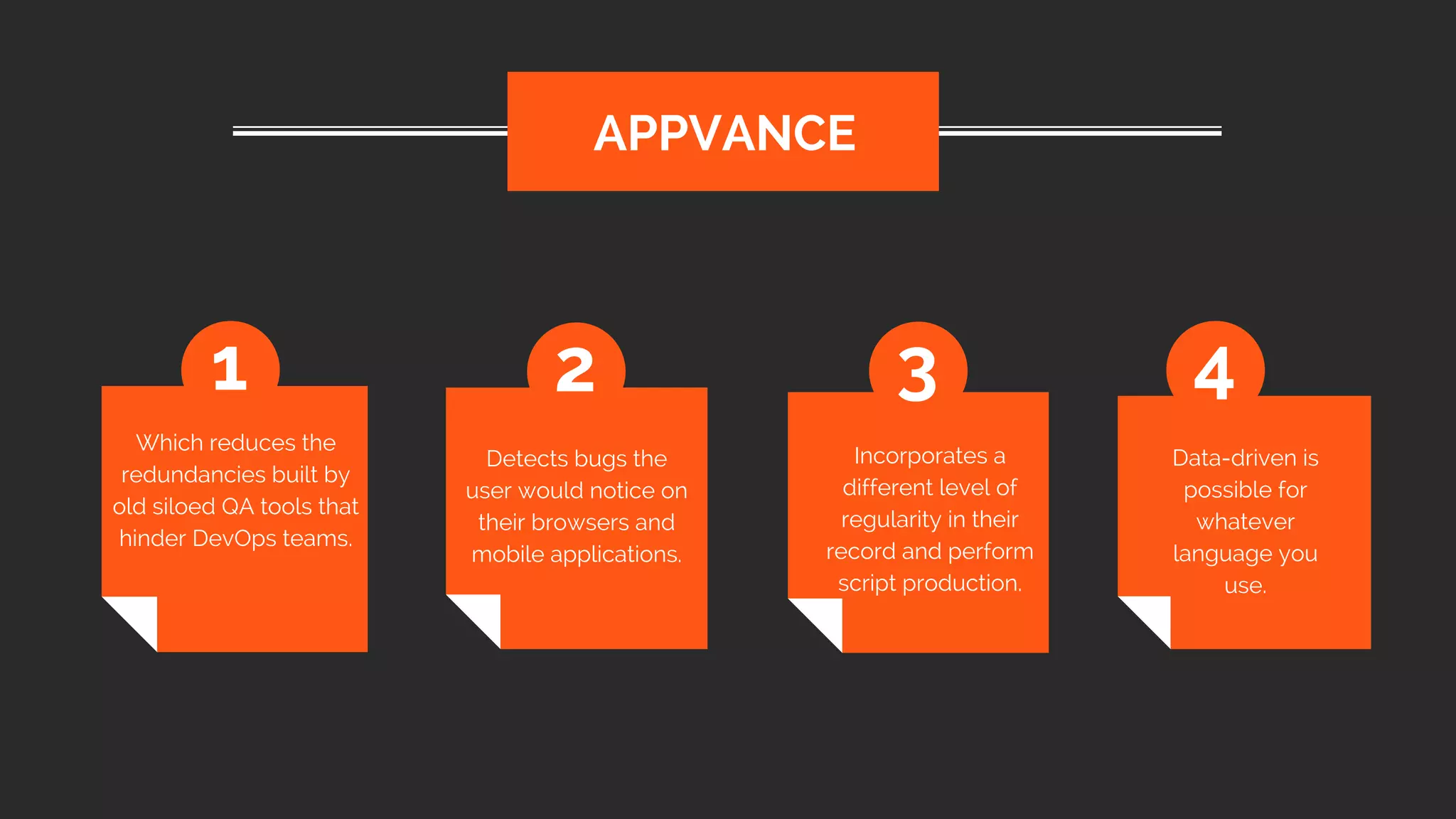 Which reduces the
redundancies built by
old siloed QA tools that
hinder DevOps teams.
APPVANCE
1 2 3 4
Detects bugs the
user would notice on
their browsers and
mobile applications.
Incorporates a
different level of
regularity in their
record and perform
script production.
Data-driven is
possible for
whatever
language you
use.
 