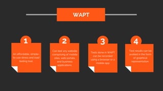 An affordable, simple-
to-use stress and load
testing tool.
WAPT
1 2 3 4
Can test any website
comprising of mobile
sites, web portals,
and business
applications.
Tests done in WAPT
can be recorded
using a browser or a
mobile app
Test results can be
availed in the form
of graphical
representation
 