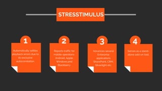 Automatically settles
playback errors due to
its exclusive
autocorrelation.
STRESSTIMULUS
1 2 3 4
Reports traffic for
mobile operators-
Android, Apple,
Windows,and
Blackberry.
Advances several
Enterprise
applications
SharePoint, CRM,
Silverlight etc.
Serves as a stand-
alone add-on tool.
 