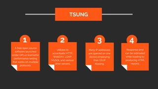  A free open source
software launched
under GPLv2 licensefor
performance testing
that works on multiple
protocols.
TSUNG
1 2 3 4
Utilized to
accentuate HTTP,
WebDAV, LDAP,
MySQL and various
other servers.
Many IP addresses
are opened on one
device employing
their OS IP
Aliasing.
Response time
can be estimated
while loading by
producing HTML
reports.
 