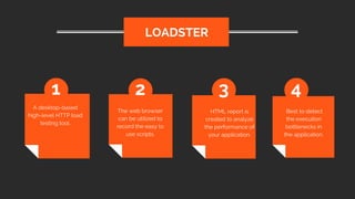 A desktop-based
high-level HTTP load
testing tool.
LOADSTER
1 2 3 4
The web browser
can be utilized to
record the easy to
use scripts.
HTML report is
created to analyze
the performance of
your application.
 Best to detect
the execution
bottlenecks in
the application.
 