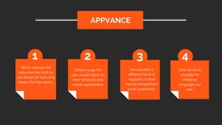 Which reduces the
redundancies built by
old siloed QA tools that
hinder DevOps teams.
APPVANCE
1 2 3 4
Detects bugs the
user would notice on
their browsers and
mobile applications.
Incorporates a
different level of
regularity in their
record and perform
script production.
Data-driven is
possible for
whatever
language you
use.
 