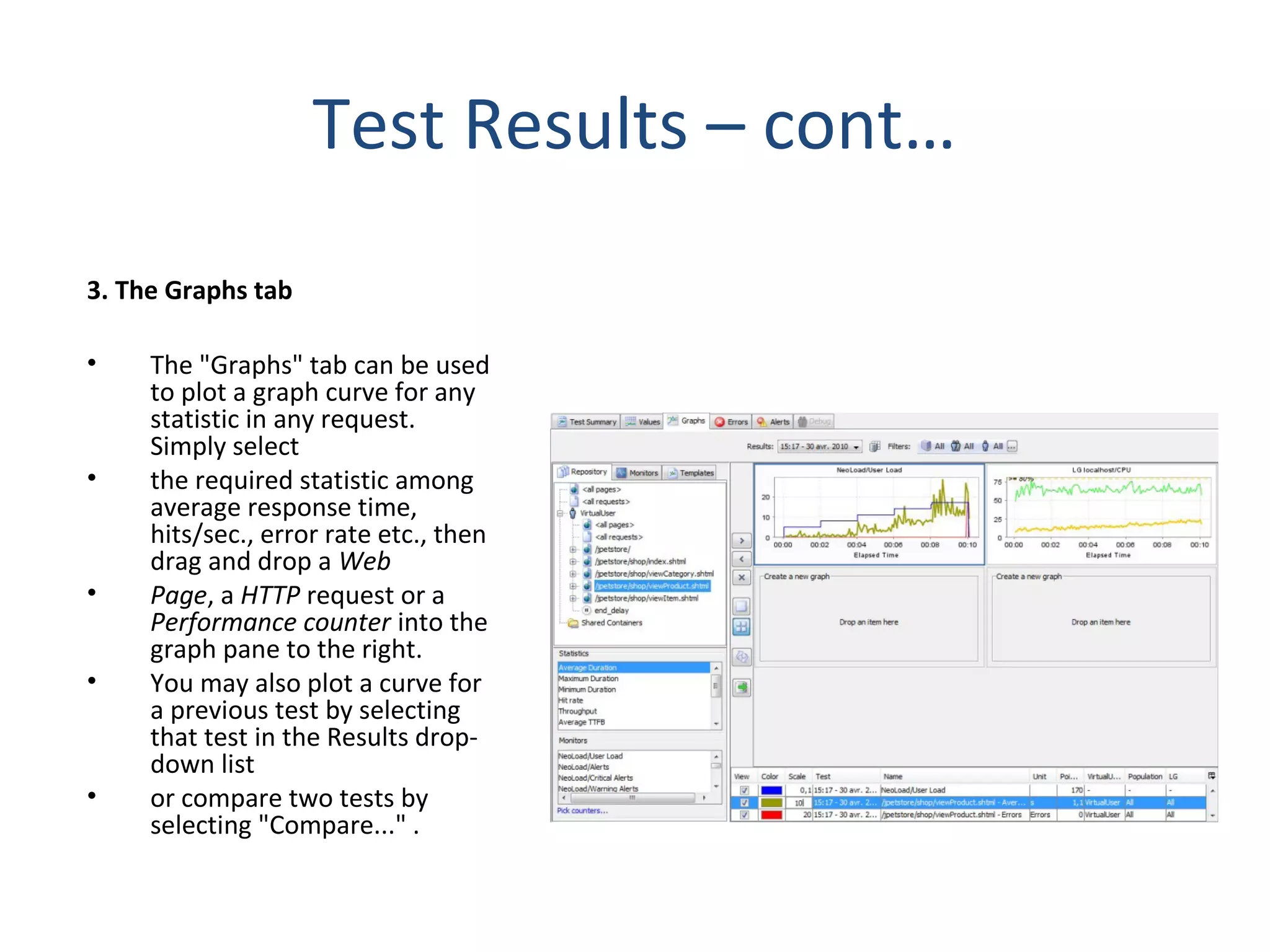 Test Results – cont…
3. The Graphs tab
• The "Graphs" tab can be used
to plot a graph curve for any
statistic in any request.
Simply select
• the required statistic among
average response time,
hits/sec., error rate etc., then
drag and drop a Web
• Page, a HTTP request or a
Performance counter into the
graph pane to the right.
• You may also plot a curve for
a previous test by selecting
that test in the Results drop-
down list
• or compare two tests by
selecting "Compare..." .
 