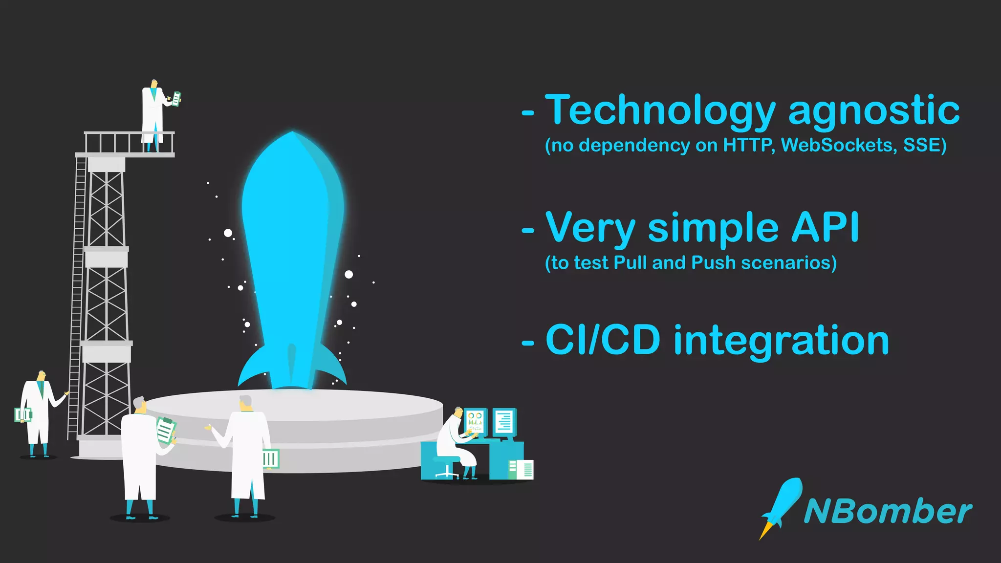 - Technology agnostic
(no dependency on HTTP, WebSockets, SSE)
- Very simple API
(to test Pull and Push scenarios)
- CI/CD integration
 