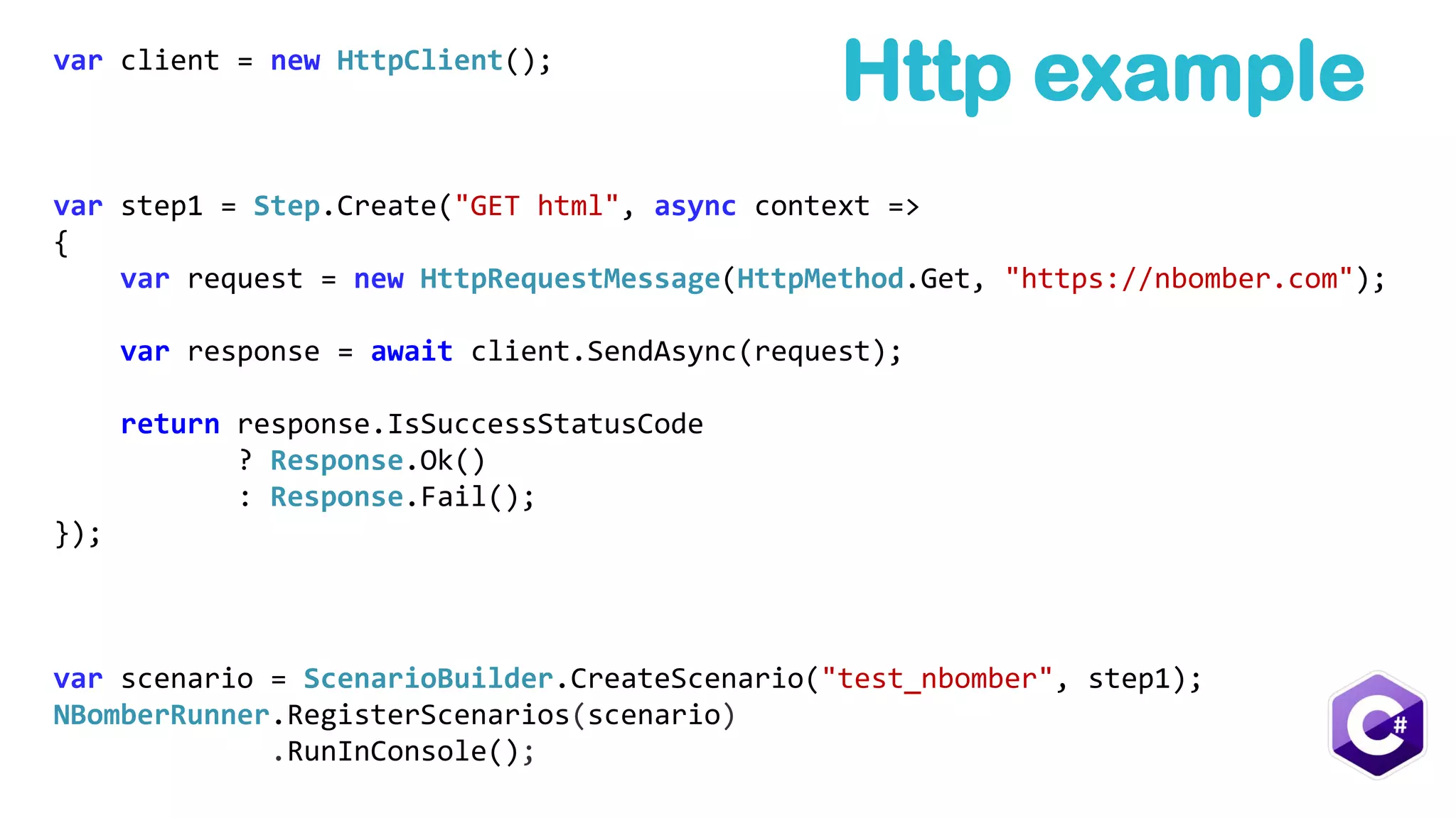 var client = new HttpClient();
var step1 = Step.Create("GET html", async context =>
{
var request = new HttpRequestMessage(HttpMethod.Get, "https://nbomber.com");
var response = await client.SendAsync(request);
return response.IsSuccessStatusCode
? Response.Ok()
: Response.Fail();
});
var scenario = ScenarioBuilder.CreateScenario("test_nbomber", step1);
NBomberRunner.RegisterScenarios(scenario)
.RunInConsole();
Http example
 