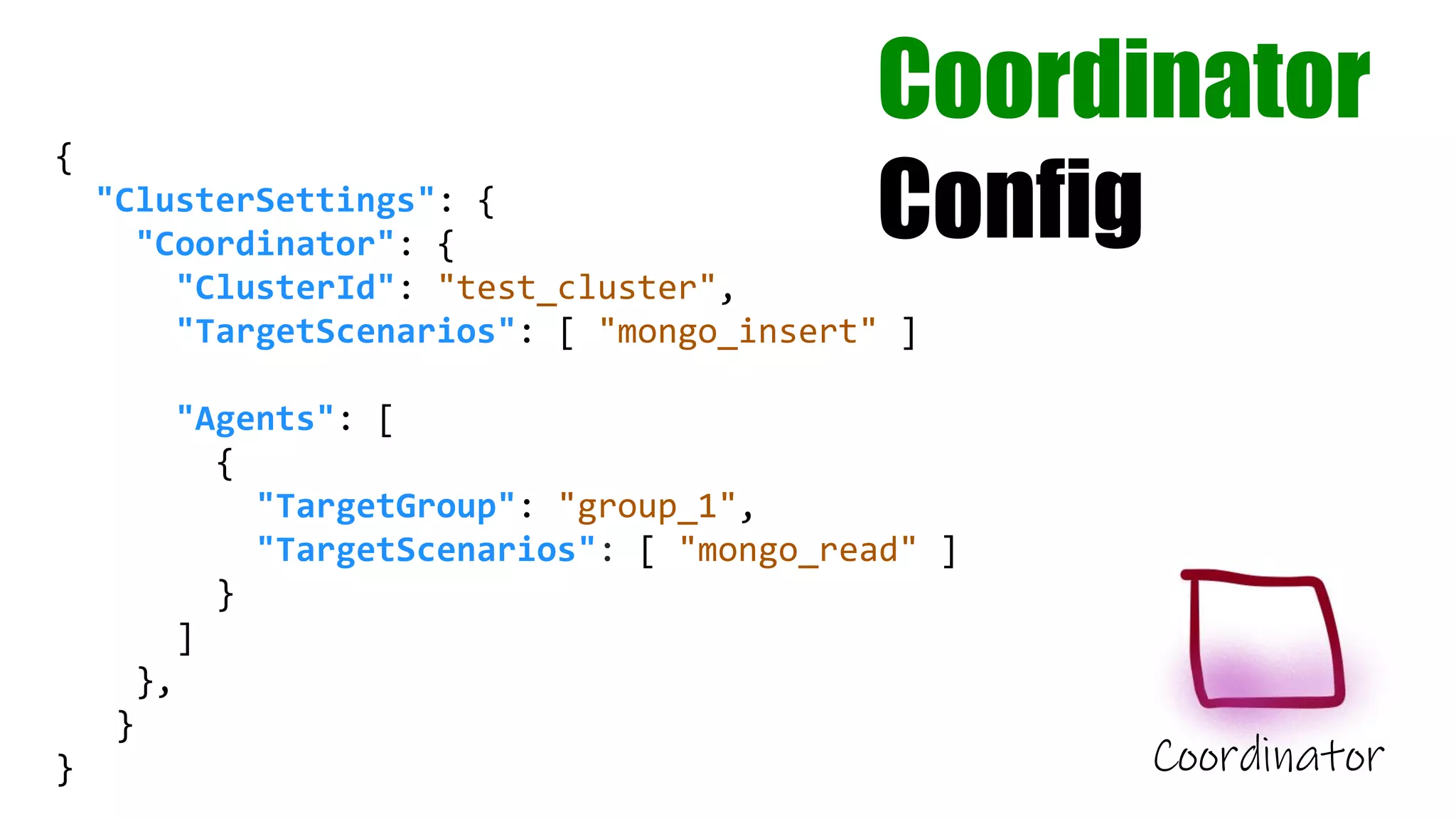 Coordinator
Config
{
"ClusterSettings": {
"Coordinator": {
"ClusterId": "test_cluster",
"TargetScenarios": [ "mongo_insert" ]
"Agents": [
{
"TargetGroup": "group_1",
"TargetScenarios": [ "mongo_read" ]
}
]
},
}
} Coordinator
 