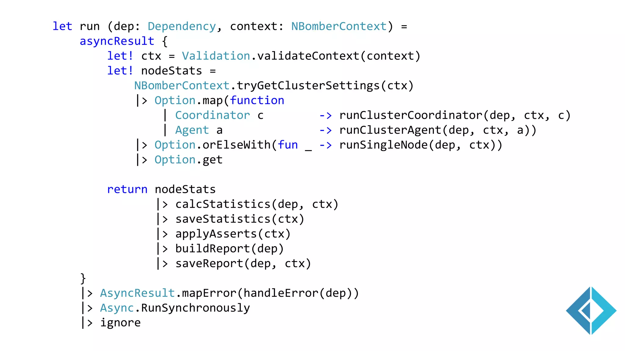 let run (dep: Dependency, context: NBomberContext) =
asyncResult {
let! ctx = Validation.validateContext(context)
let! nodeStats =
NBomberContext.tryGetClusterSettings(ctx)
|> Option.map(function
| Coordinator c -> runClusterCoordinator(dep, ctx, c)
| Agent a -> runClusterAgent(dep, ctx, a))
|> Option.orElseWith(fun _ -> runSingleNode(dep, ctx))
|> Option.get
return nodeStats
|> calcStatistics(dep, ctx)
|> saveStatistics(ctx)
|> applyAsserts(ctx)
|> buildReport(dep)
|> saveReport(dep, ctx)
}
|> AsyncResult.mapError(handleError(dep))
|> Async.RunSynchronously
|> ignore
 