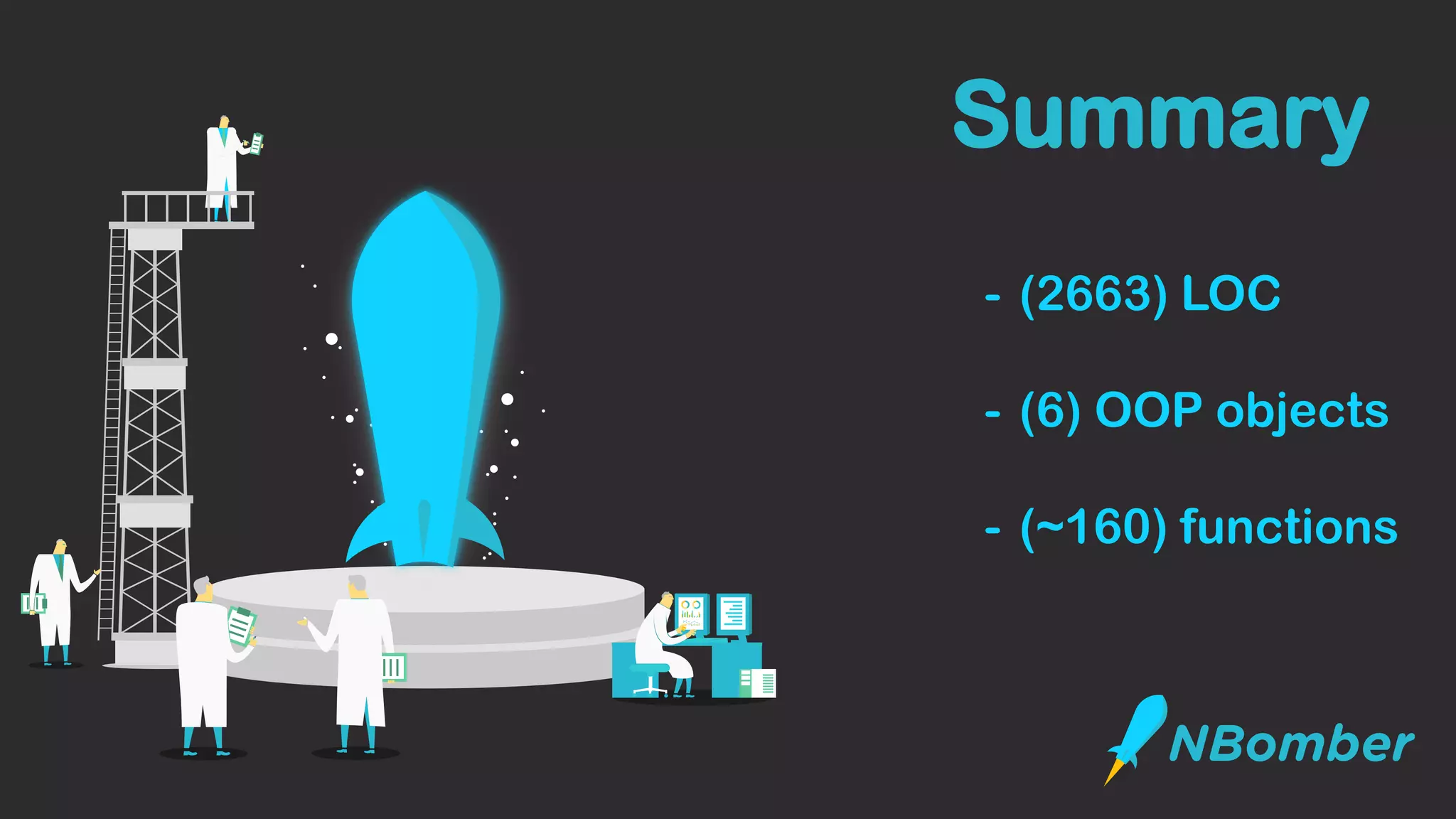 - (2663) LOC
- (6) OOP objects
- (~160) functions
Summary
 