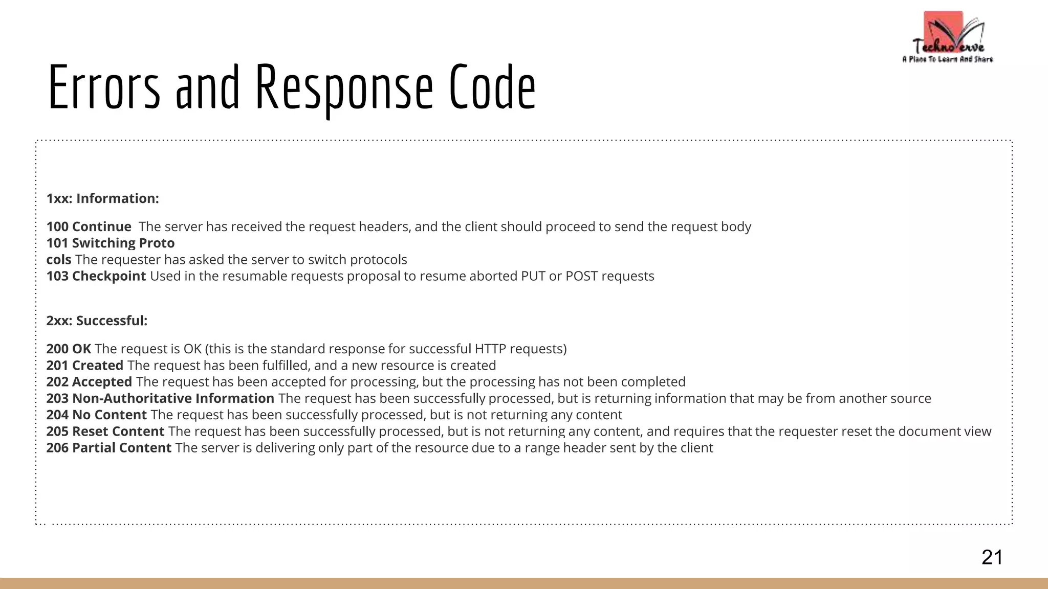Errors and Response Code
1xx: Information:
100 Continue The server has received the request headers, and the client should proceed to send the request body
101 Switching Proto
cols The requester has asked the server to switch protocols
103 Checkpoint Used in the resumable requests proposal to resume aborted PUT or POST requests
2xx: Successful:
200 OK The request is OK (this is the standard response for successful HTTP requests)
201 Created The request has been fulfilled, and a new resource is created
202 Accepted The request has been accepted for processing, but the processing has not been completed
203 Non-Authoritative Information The request has been successfully processed, but is returning information that may be from another source
204 No Content The request has been successfully processed, but is not returning any content
205 Reset Content The request has been successfully processed, but is not returning any content, and requires that the requester reset the document view
206 Partial Content The server is delivering only part of the resource due to a range header sent by the client
21
 