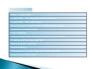 What is LoadUI Web ?
LoadUI Web - Pre-requisites and Installation
LoadUI Web - Plan and Prepare
Recording and Customization of web browser scripts
Exploring recorded scripts
Text Validation

Customizing Scripts-Parameterization and Correlation
Creating and Running Load Test

Monitoring the Load Test
Result Analysis
Comparision of LoadUI Web and LoadUI Web PRO
License Cost 2013-2014

 