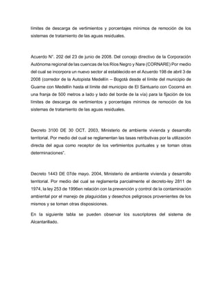 límites de descarga de vertimientos y porcentajes mínimos de remoción de los
sistemas de tratamiento de las aguas residuales.
Acuerdo N°. 202 del 23 de junio de 2008. Del concejo directivo de la Corporación
Autónoma regional de las cuencas de los Ríos Negro y Nare (CORNARE) Por medio
del cual se incorpora un nuevo sector al establecido en el Acuerdo 198 de abril 3 de
2008 (corredor de la Autopista Medellín – Bogotá desde el límite del municipio de
Guarne con Medellín hasta el límite del municipio de El Santuario con Cocorná en
una franja de 500 metros a lado y lado del borde de la vía) para la fijación de los
límites de descarga de vertimientos y porcentajes mínimos de remoción de los
sistemas de tratamiento de las aguas residuales.
Decreto 3100 DE 30 OCT. 2003, Ministerio de ambiente vivienda y desarrollo
territorial. Por medio del cual se reglamentan las tasas retributivas por la utilización
directa del agua como receptor de los vertimientos puntuales y se toman otras
determinaciones”.
Decreto 1443 DE 07de mayo. 2004, Ministerio de ambiente vivienda y desarrollo
territorial. Por medio del cual se reglamenta parcialmente el decreto-ley 2811 de
1974, la ley 253 de 1996en relación con la prevención y control de la contaminación
ambiental por el manejo de plaguicidas y desechos peligrosos provenientes de los
mismos y se toman otras disposiciones.
En la siguiente tabla se pueden observar los suscriptores del sistema de
Alcantarillado.
 