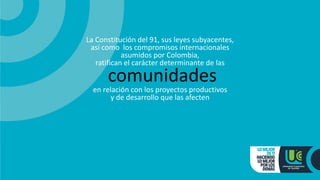 La Constitución del 91, sus leyes subyacentes,
así como los compromisos internacionales
asumidos por Colombia,
ratifican el carácter determinante de las
comunidades
en relación con los proyectos productivos
y de desarrollo que las afecten
 
