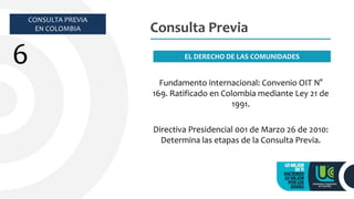 Fundamento internacional: Convenio OIT N°
169. Ratificado en Colombia mediante Ley 21 de
1991.
Directiva Presidencial 001 de Marzo 26 de 2010:
Determina las etapas de la Consulta Previa.
Consulta Previa
EL DERECHO DE LAS COMUNIDADES
CONSULTA PREVIA
EN COLOMBIA
6
 