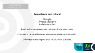 Competencia intercultural
Sinergia:
Ámbito cognitivo.
Ámbito emotivo.
Producción de una conducta intercultural adecuada.
Conciencia de los diferentes elementos de la comunicación.
Dificultades entre personas de distintas culturas.
NEGOCIACIÓN
INTERCULTURAL
 