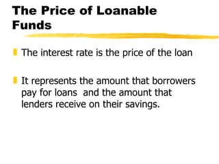 The Price of Loanable Funds The interest rate is the price of the loan It represents the amount that borrowers pay for loans  and the amount that lenders receive on their savings.  