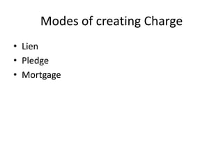 Modes of creating Charge
• Lien
• Pledge
• Mortgage