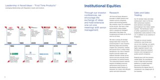 Sales and Sales
Trading
Our 15 member Sales and Sales
trading team caters to the top
200 institutional investors,
both domestic and foreign,
participating in the Indian capital
markets. The distribution reach
is further augmented by having
established a sales presence in the
U.S. in addition to our presence in
Singapore.
Through our annual investor
conference, road shows and
one-on-one meetings, our equity
sales force leverages the firm’s
highly regarded research and
facilitates interaction between
investors and management of
quality growth companies.
Keeping pace with the dynamic
market place, we consistently
invest in high-end technology
platforms to enable seamless
execution of settlements.
Maintaining the highest level of
compliance is an integral part of
our business.
Institutional Equities
Research
JM Financial Equity Research
provides in-depth analysis and
research across companies,
sectors and evolving themes.
We currently cover 170 companies
across sectors. We have a clear
and scientific rating system
which is backed by intelligent
observation that keeps the
fundamental principles at the focal
point at all times.
We have a strong 26 member
analyst team that is known for
producing best in class research,
delivering ideas and providing
insights into companies, markets
and sectors from a unique Indian
perspective. Our macro research
experts provide insights and
address thematic trends across
sectors and also provide timely
commentary on political events.
The conducted research extends
beyond immediate economic
performance and focuses on
developing market themes to
empower our clients with efficient
sector and stock allocation.
Through our investor
conferences, we
encourage the
exchange of ideas
and hold extensive
one–on-one
meetings with senior
management.
Leadership in Novel Ideas - “First Time Products”
Leveraging Relationships with Regulators, Issuers and Investors.
Zero
Interest
Bond
1990
Triple
Option
Convertible
Debenture
1993
First
Concurrent
ADS / Ordinary
Equity Share
Follow-on
offering
2005 2009
Secured
Premium Noted
Deep Discount
Bond Double
Option Bond
2012
First ever
open offer
under a court
approved
scheme of
arrangement
2015
First stapled
issue of NCD
+ warrants
1992
Secured
Premium Noted
Deep Discount
Bond Double
Option Bond
2004
First
Conditional
IPO in Indian
Capital
Markets
First
Issuance of
Differential
Voting
Shares
2008
First
ever IDR
issuance
2010
First of
its kind
Demerger
scheme
2013
V VI
 