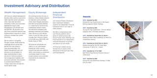 Investment Advisory and Distribution
Wealth Management
JM Financial’s Wealth Management
business offers advisory services to
1,800 High Net-worth Individuals
(HNI), Ultra High Net-worth
Individuals (UHNI) and Corporates
aggregating Assets under
Management of Rs.23,500 crore
($3,538 MM). We provide a very
high level of personal attention and
implementation expertise to clients
looking to manage their wealth
effectively.
We aid clients in navigating
through complex wealth planning
challenges and to ensure they
benefit from the industry’s
most promising ideas. Our
Wealth Management plans are
tailored on the foundation of
deep understanding of asset
allocations, financial products,
risk management, taxability, and
succession planning. This business
is currently being offered in
7 major Indian cities through the
Hub & Spoke model.
Independent
Financial
Distribution
Our Financial Product Distribution
team customises intelligent
solutions for Independent Financial
Distributors who in turn cater to
retail investors.
We offer a comprehensive and
user-friendly platform with a
gamut of varied products like
Mutual Funds, Public Offerings, and
Fixed Deposits to our Independent
Financial Distributors to provide
real value to our end clients.
JM Financial is ranked among
the top firms in respect of the
distribution of Mutual Funds, IPOs
and Fixed Deposits.
Equity Brokerage
Our broking business focuses on
building a robust trading platform
for High Net worth and Retail
clients, both through proprietary
branches and business affiliates.
It is supported by technical and
fundamental research teams
and derivative strategists who
generate investment and trading
ideas. We service over 38,000
clients in over 100 cities with an
Average Daily Volume in Equity
of Rs.2,228 crore ($335 MM) with
Market Share of 1.85%.
JM Financial Commtrade Ltd
(JMFCL) is our commodities
trading arm. With a strong
research and execution platform,
JMFCL has evolved as a preferred
commodity broker for retail
private investors and corporates
impacted by the underlying
commodity.
Awards
2015 | Awarded by BSE
Among the Top 10 performers in the Equity
Broking Segment (Retail Trading)
2015 | Awarded by BSE
Among the Top 3 performers - Primary Market
Segment (IPO / FPO Bids members)
2015 | Awarded by Great Place to Work®
Ranked as India’s Best Companies To Work For -
Investments Industry
2015 | Awarded by Great Place to Work®
Ranked among the Top 100 India’s Best
Companies To Work For - Overall
2015 | Awarded by UTI & CNBC
Best Performing National Financial Advisor –
Institutional
2015 | Awarded by NSE
Among the Top performing members in Debt
ETFs for 2014
VII VIII
 